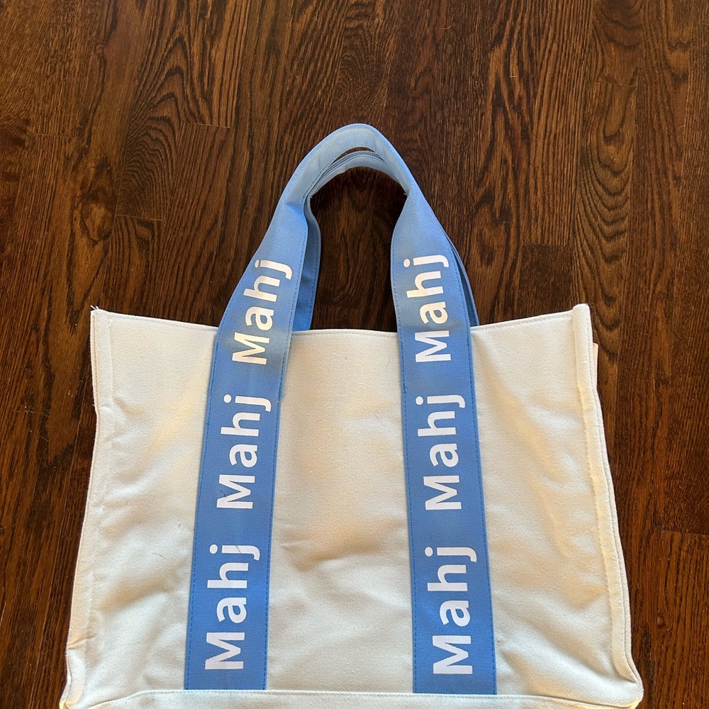 Oh My Mahjong White and Blue Canvas Tote Bag